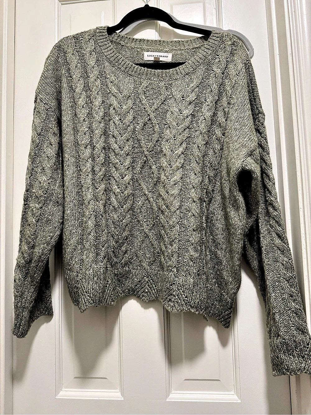 Lucky Brand Cable Knit Scalloped Hem Sweater Green Large